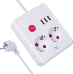 Overspændingsbeskyttet forlængerlist med 2 Schuko-udtag og 3× USB, 2500 W, 1,5 m, hvid