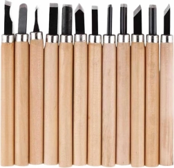 Sæt med 12 træmejsler og graverjern med træhåndtag