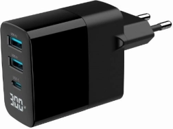 GaN vægoplader 30 W med LCD, 2× USB‑A og 1× USB‑C, hurtigopladning PD/QC 3.0, sort