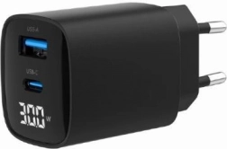 GaN-hurtigoplader 30 W med USB‑C og USB‑A, LCD‑display, sort