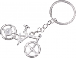 Sølvfarvet nøglering formet som en cykel