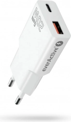 EverActive GaN Super Slim 20 W vægoplader med USB‑C PD og USB‑A QC 3.0