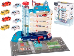 Etage-parkeringshus til legetøjsbiler med elektrisk elevator, 5 niveauer + legemåtte og 8 biler