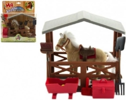 Plastikhest med stald og tilbehør