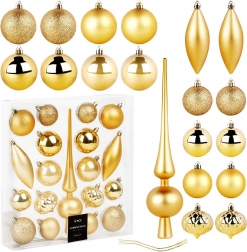 Guld uknuselige julepynt med top, 19 stk.