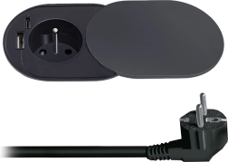 Solight indbygningsstikkontakt 230 V med USB-A og USB-C 20 W PD med skydeklap, 2 m, mat sort
