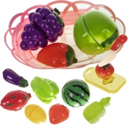 Sæt med frugt og grønt til skæring i kurv med skærebræt og kniv