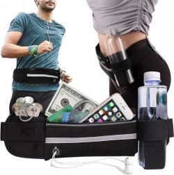 Løbebælte med flaskeholder, refleksstribe og udgang til høretelefoner – sort