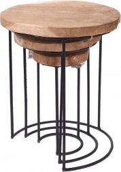 Runde metalsofaborde i teaktræ – sæt med 3 stk.