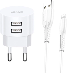 Vægoplader USAMS T20 med 2xUSB 2,1A Lightning