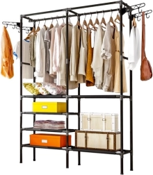 Dobbelt tøjstativ RUHHY i loftstil med hylder