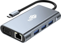 USB‑C hub 8‑i‑1 med HDMI, VGA, RJ45 og PD‑strømforsyning