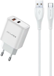 Vægoplader GaN 22,5 W med USB og USB‑C + USB/USB‑C‑kabel