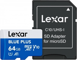 Lexar microSDXC Blue Plus 64 GB A1 U1 V10 med adapter