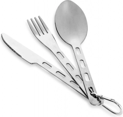 Turistisk bestik i rustfrit stål med karabinhage, 3‑delt