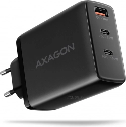 AXAGON vægoplader GaN 100 W, 3 porte (USB‑A + dobbelt USB‑C), sort