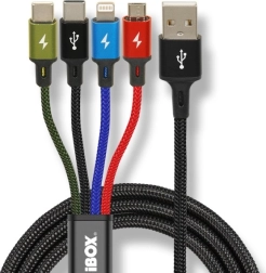 Universal opladerkabel 4-i-1 med USB‑C, micro USB og Lightning, 1,2 m, iBOX