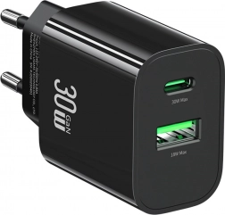 Vægoplader 30 W med USB‑C og USB‑A, hurtig opladning, sort USAMS