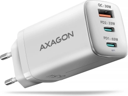 ACU-DPQ65W GaN 65W vægoplader, 3x port (USB-A + dobbelt USB-C) PD3.0/QC4+/PPS/Apple, hvid