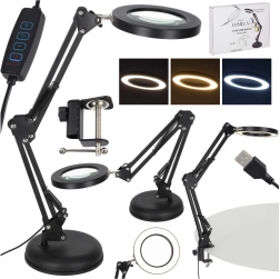 Bord-LED-lampe med lup og justerbar arm, 2 monteringsmuligheder