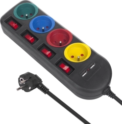 Stikdåse med afbrydere 4 stikkontakter + 2xUSB sort