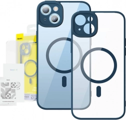 Gennemsigtigt magnetisk etui og hærdet glas Baseus til iPhone 14 Plus blå