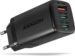 væglader AXAGON GaN 65W, 3 porte (USB-A + 2× USB-C), PD 3.0/QC 4+, PPS, sort