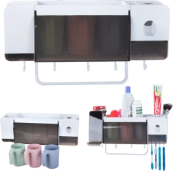 Vægmonteret tandbørsteorganizer med tandpastadispenser og 3 kopper, hvid