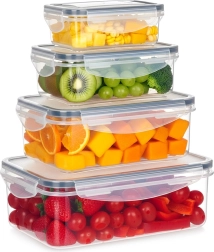 Sæt med plastbeholdere til madvarer med låg og tætningsring, 4 stk.