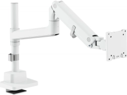 Hvidt gasfjeder-monitorarm med bordklemme, 57" / 27 kg, VESA 75x75 og 100x100