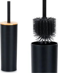 Toiletbørste med stativ, sort metal og bambus, 36,5 cm