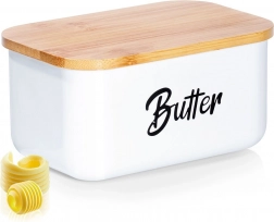 Hvid smørboks i stål med bambuslåg Vilde