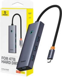 Baseus UltraJoy USB‑C hub 5‑i‑1 (4× USB 3.0, PD 100 W) grå