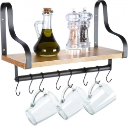 Vægmonteret hylde med stang og kroge i træ 43 × 18 × 26 cm