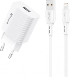 Netoplader Vipfan 1x USB 2,4A og Lightning-kabel hvid