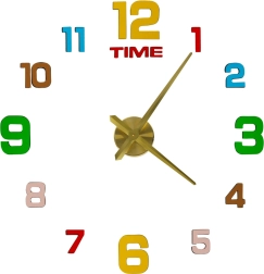 Selvklæbende DIY vægur til væg 80–90 cm, gyldne visere, farvede tal