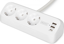 Bord-multistikdåse med klemme, 3 schuko-udtag, 2× usb-a 12 w, 1× usb-c 30 w, kabel 1,5 m, hvid