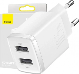 Kompakt Baseus-oplader 10,5 W med to USB-porte i hvid