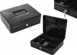 Dobbeltlags metalpengekasse med ruminddeling og to nøgler, sort