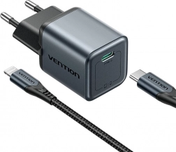 GaN USB‑C oplader 20 W med USB‑C – Lightning kabel 1 m (grå) Vention