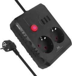 Forlænger- og overspændingsliste, 2 stik og 3× USB, 2500 W, 3 m, sort