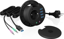 Bordhub ICY BOX 80 mm med 4× USB 3.0, lyd og 230 V stikkontakt