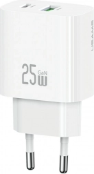 Vægoplader USAMS 25 W med USB‑C og USB‑A, hurtigopladning, hvid