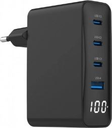 Universel GaN Oplader 100W 1xUSB-A 3xUSB-C Hurtig Opladning LCD sort