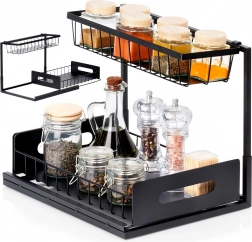 Dobbeltlags køkkenhylde med udtræksskuffe, metal, sort 36 × 27 × 28,5 cm