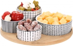 Porcelænsskåle til snacks på bambusbakke, 5-delt sæt