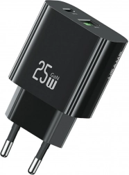 Vægoplader 25 W med 1× USB‑C og 1× USB‑A, hurtig opladning, sort