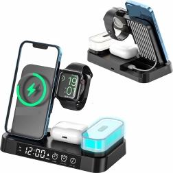 Trådløs opladningsstation 4-i-1 med ur og natlampe 15 W til Qi, iPhone, Apple Watch og AirPods