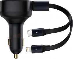 Baseus Enjoyment biloplader med integrerede USB‑C- og Lightning‑kabler, 30 W
