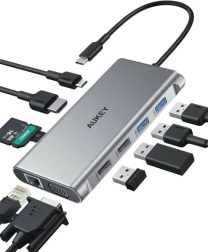 Aluminium USB‑C hub 10-i-1 med Ethernet, 4K HDMI, VGA, kortlæser og PD 100 W AUKEY
